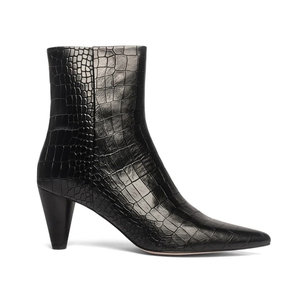 Anthony Veer Cora Black Croc Embossed Leather High Heel Ankle Boots 7.5
